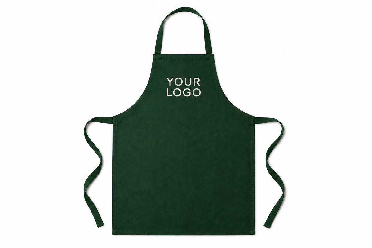 Single green service apron embroidered with YOUR LOGO