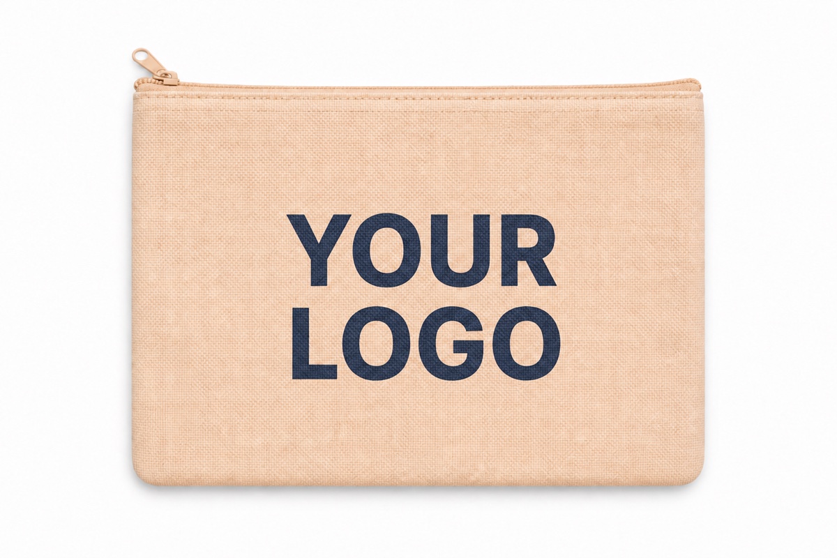 Single peach canvas beauty pouch printed with YOUR LOGO